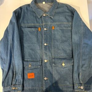 Size 3XL Men's Blue Denim Jacket with Orange Accents awesome